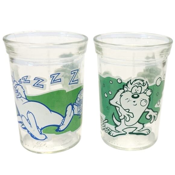 Vtg 90s Tasmanian Devil & Rooster Looney Tunes Set of 2 Welchs Jelly Jar Glasses - Picture 1 of 12
